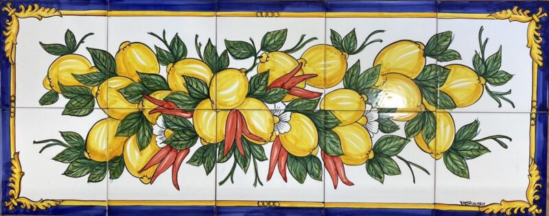 Pannello Artistico Barocco con Limoni,Peperoncini e Melograni bordo blu 100x40h.