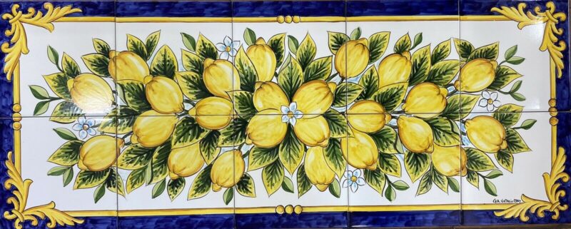 Pannello Artistico Barocco con Limoni fondo Blu100x40h.