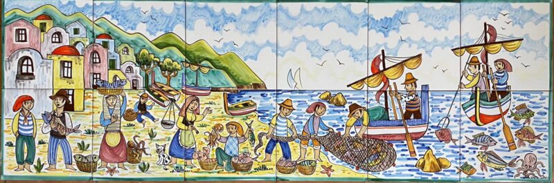 Pannello Artistico Naïf Classico Scena Borgo Marinaio 120x40h.