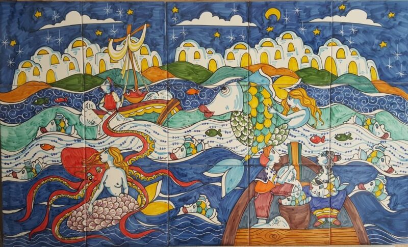 Pannello Artistico Naïf Moderno Scena Marina  100x60h.