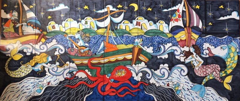 Pannello Artistico Naïf Moderno Scena Marina  140x60h.