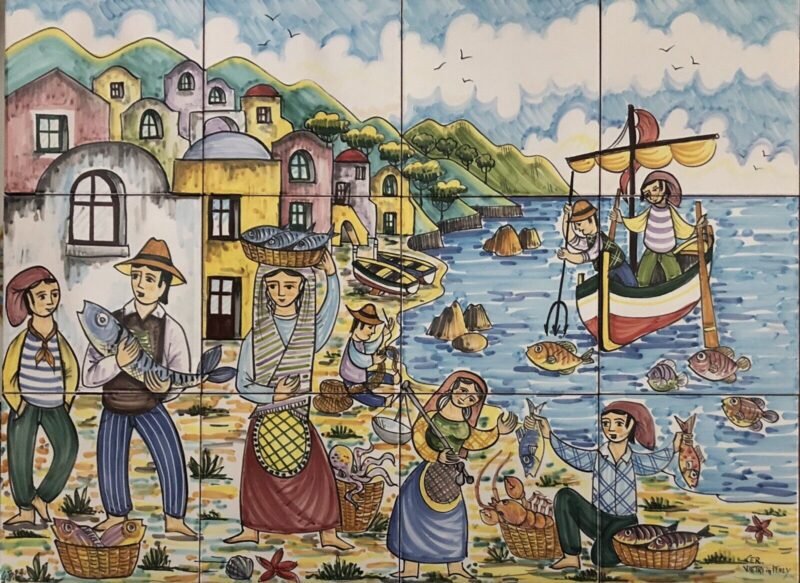 Pannello Artistico Naïf Classico Scena Borgo Marinaio 80x60h.