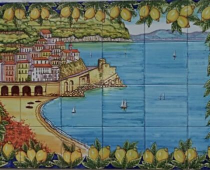 Pannello Artistico Paesaggio Amalfi con Limoni Fondo Blu 120x80h.