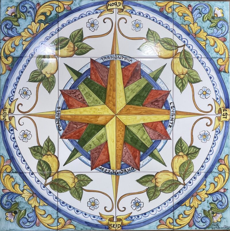 Pannello Artistico Rosa dei Venti con Barocco e limoni fondo Verde 80x80