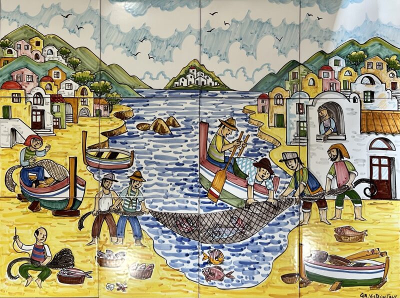 Pannello Artistico Naïf Classico Scena Borgo Marinaio 80x60h.