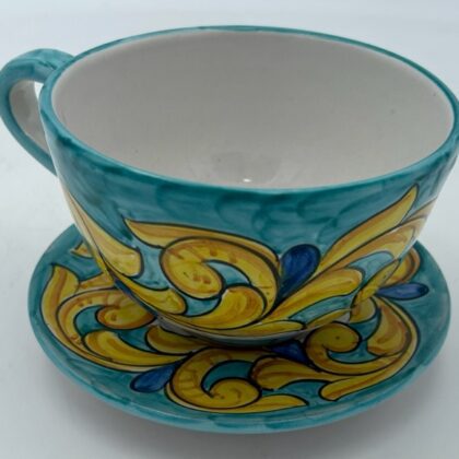 Tazza latte con piattino Decoro Barocco fondo verde ramino