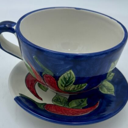 Tazza latte con piattino Decoro Peperoncini a strisce blu