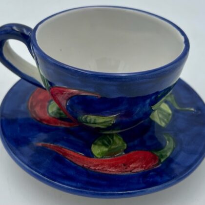 Tazza latte con piattino Decoro Peperoncini a strisce blu