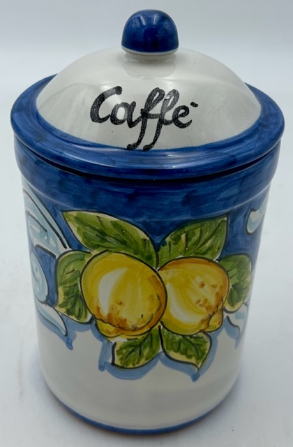 Barattolo Caffè cm.18 Decoro Barocco con limoni fondo turchese - ceramica  Vietri in italy