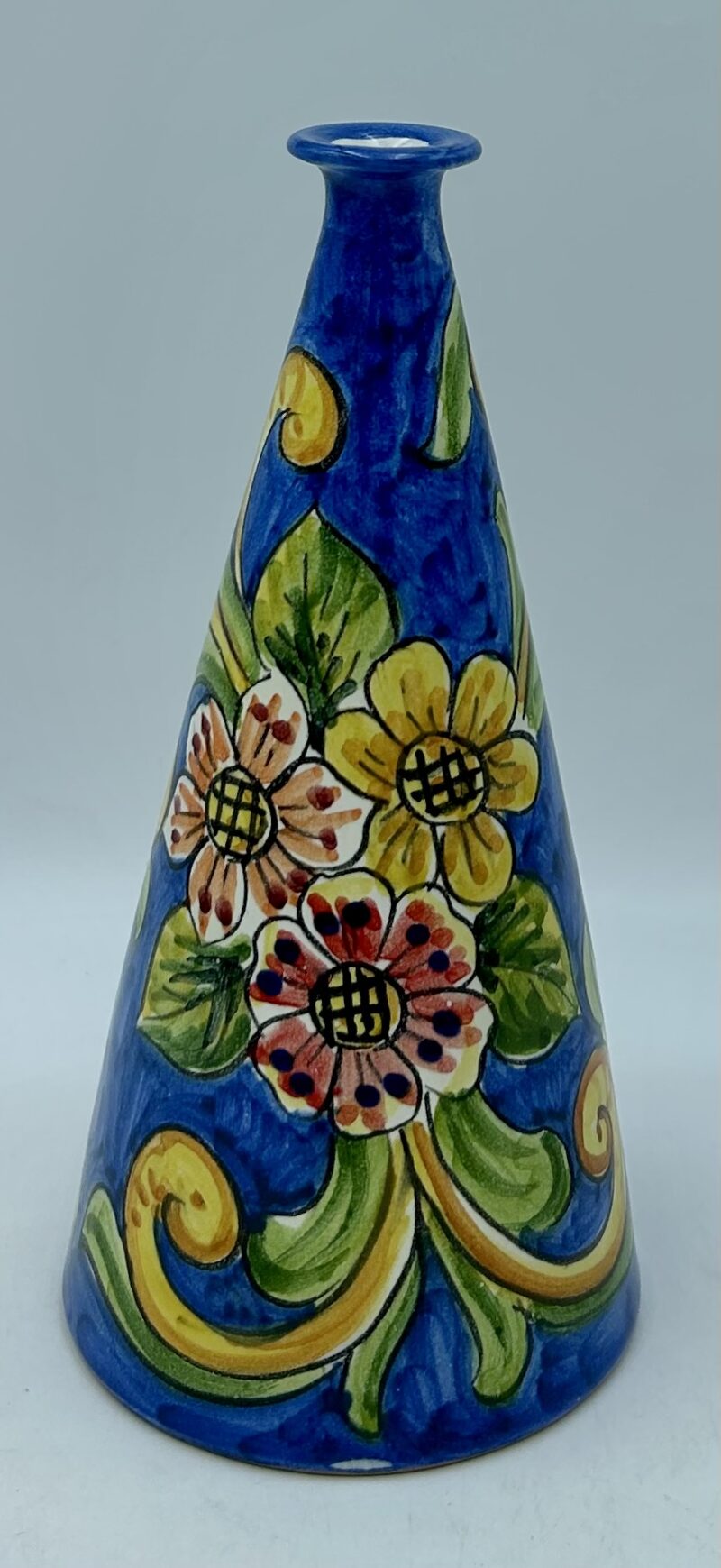 Bottiglia conica cm.20 Decoro Barocco con fiori fondo turchese