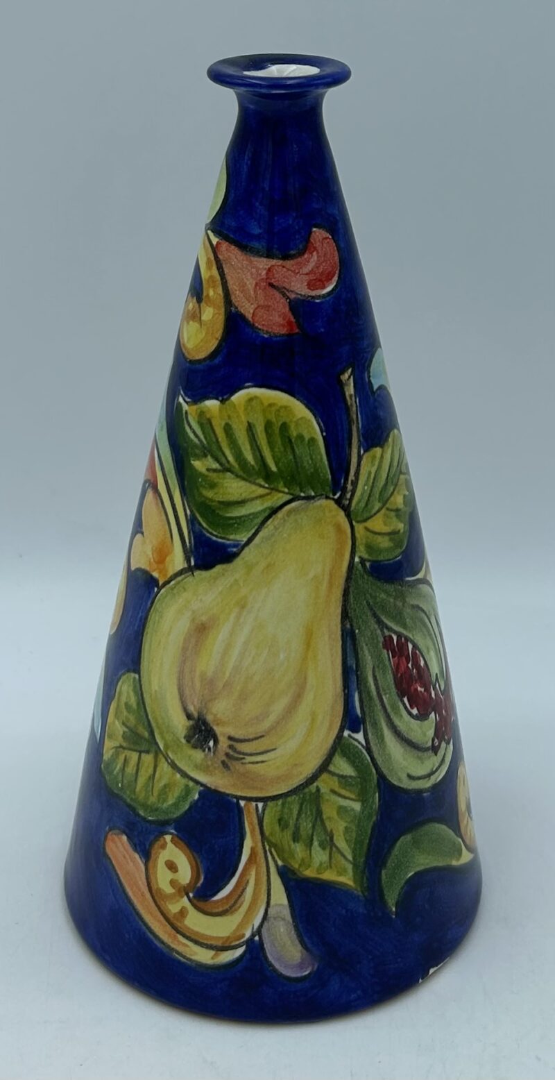 Bottiglia conica cm.20 Decoro Barocco con frutta fondo blu