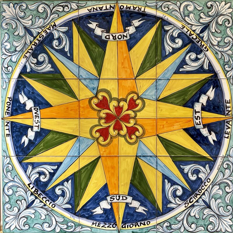 Pannello Artistico Rosa dei Venti con Barocco fondo Verde ramina 60x60