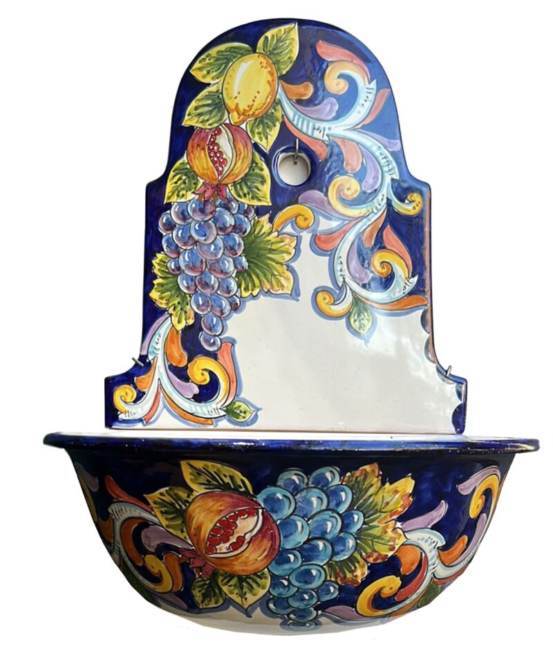 FONTANA DUE PEZZI DECORO BAROCCO CON FRUTTA FONDO BLU