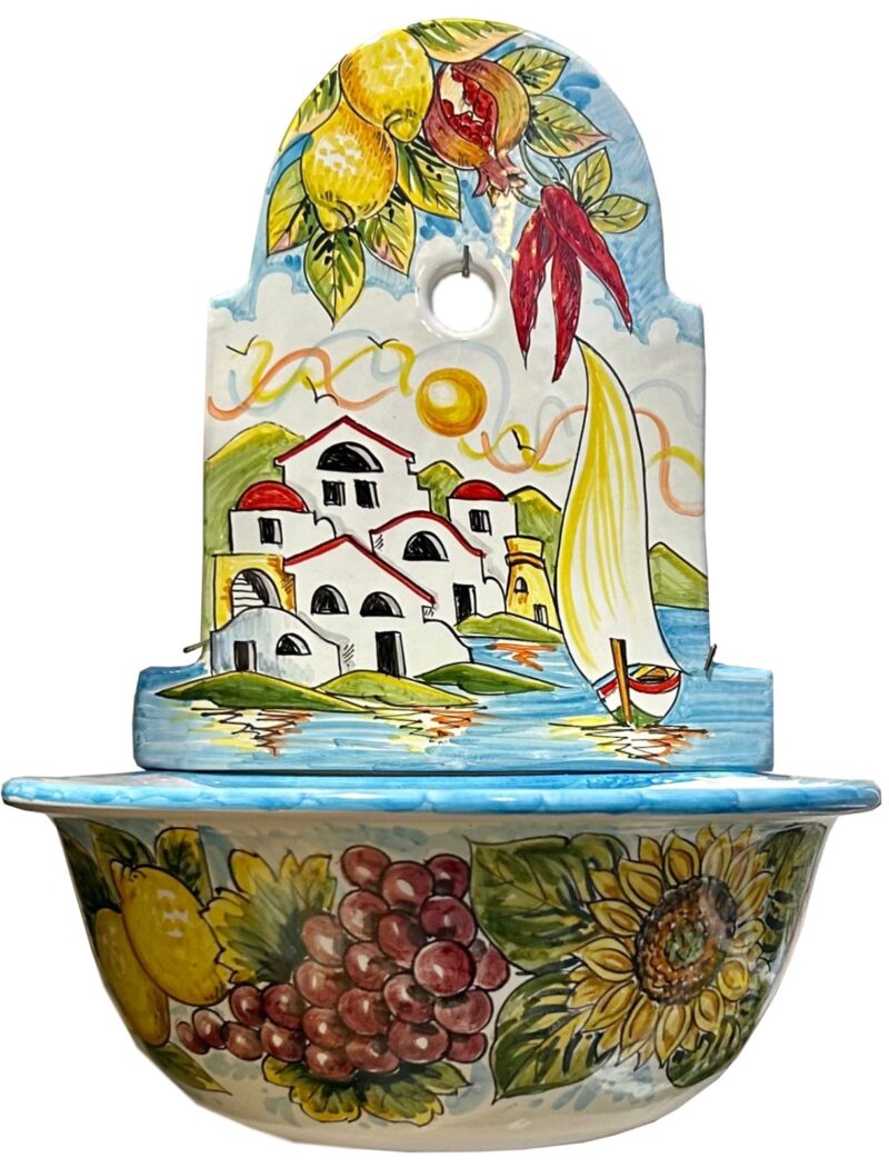 FONTANA DUE PEZZI DECORO CASETTE,FRUTTA E FIORI