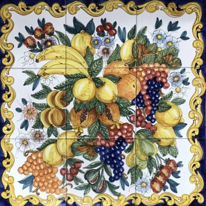 Pannello Artistico Barocco con frutta fondo esterno Blu 60x60.