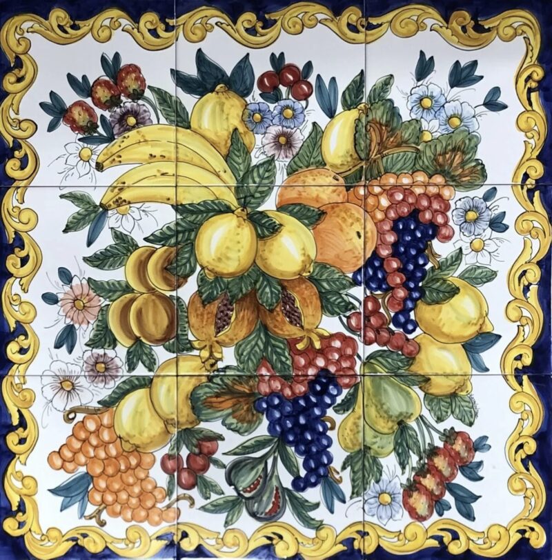 Pannello Artistico Barocco con frutta fondo esterno Blu 60x60.