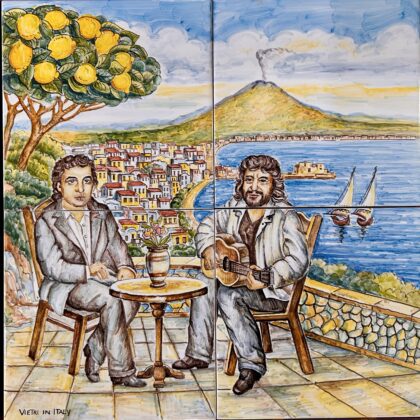 Pannello Artistico Paesaggio Napoli con Pino Daniele e Massimo Troisi 40x40h.
