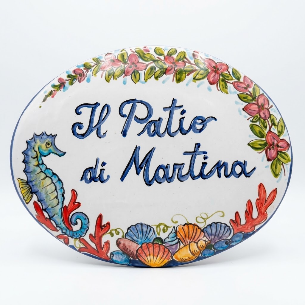 Targa ovale fuoriporta personalizzata decoro fondale marino e fiori