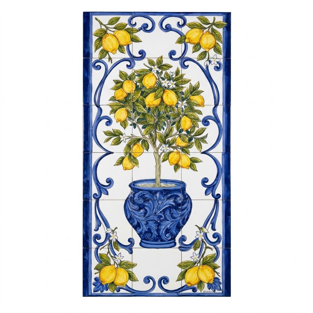 Pannello Artistico Vaso con alberello limoni e barocco 60x120